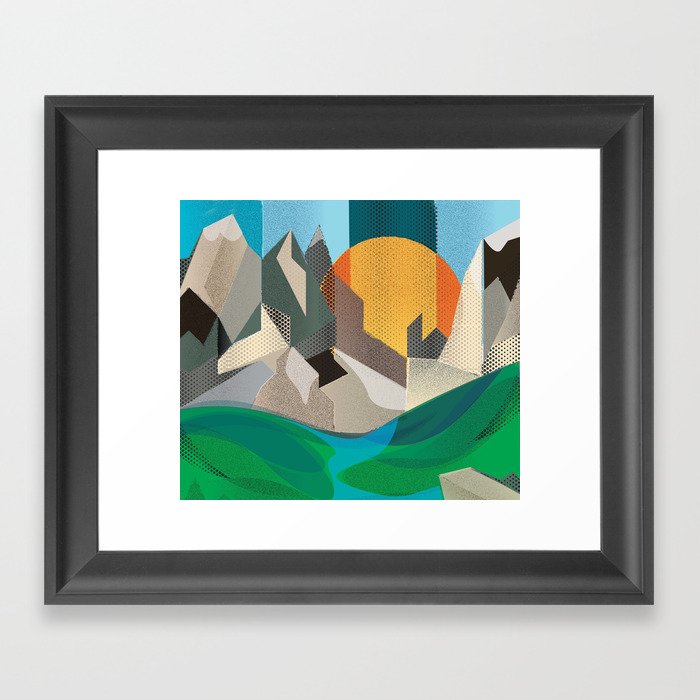 Retro style mountain range in the sun Framed Art Print