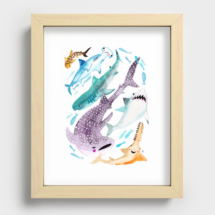 Help Stop Shark Finning - Watercolor Ocean Animals - Fish Recessed Framed Print