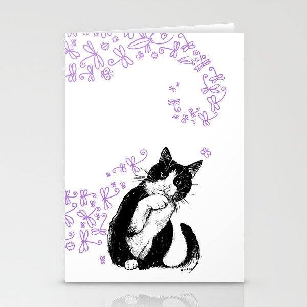 Tuxedo cat and dragonflies Stationery Cards
