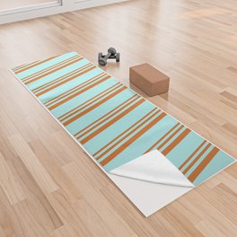 [ Thumbnail: Turquoise and Chocolate Colored Striped/Lined Pattern Yoga Towel ]