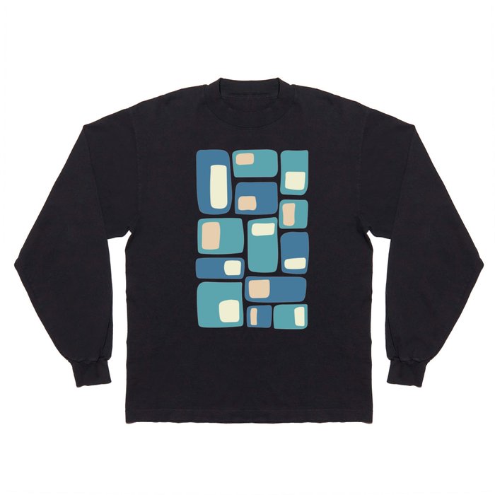 Mid Century Funky Squares in Celadon Blue, Teal, Light Yellow and Peach Long Sleeve T Shirt