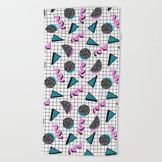 It's Casual - memphis throwback retro neon squiggle grid shapes geometric black and white modern art Beach Towel