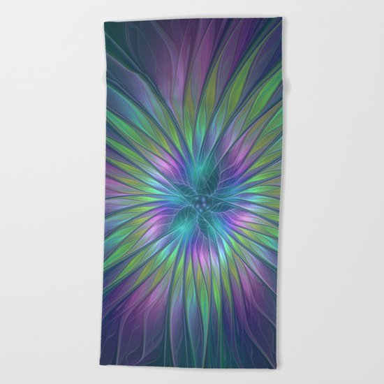 Colorful and luminous Fantasy Flower, Abstract Fractal Art Beach Towel