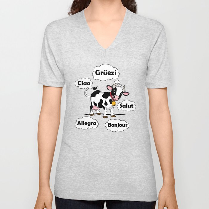 Swiss Cow - Gruezi Salut Bonjour Ciao Allegra - Switzerland Travel V Neck T Shirt