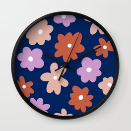 Retro Flowers Lilac, Burnt Orange, Light Pink with Dark Blue Background Wall Clock