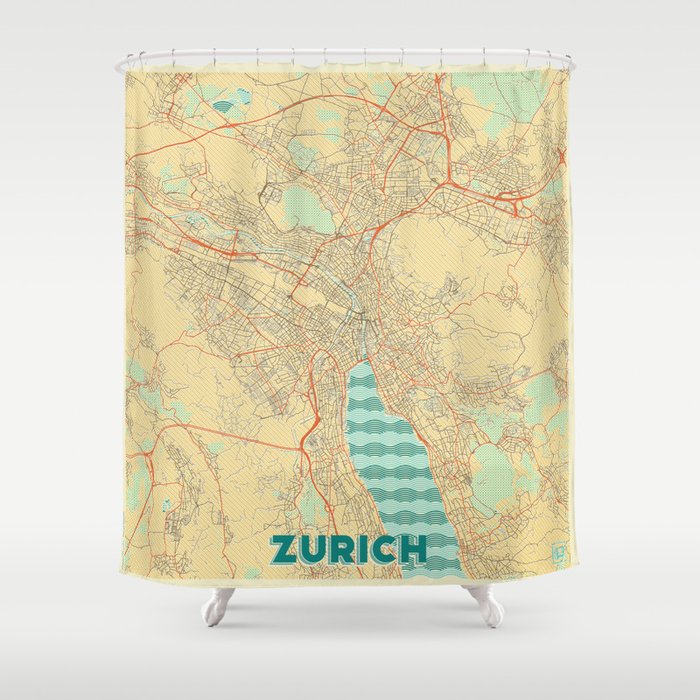 Zurich Map Retro Shower Curtain Zurich Map Retro Shower Curtain