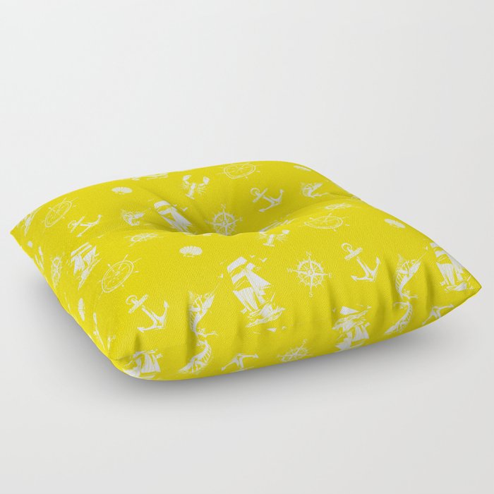 Yellow And White Silhouettes Of Vintage Nautical Pattern Floor Pillow