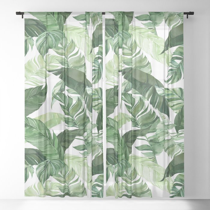 Green leaf watercolor pattern Sheer Curtain