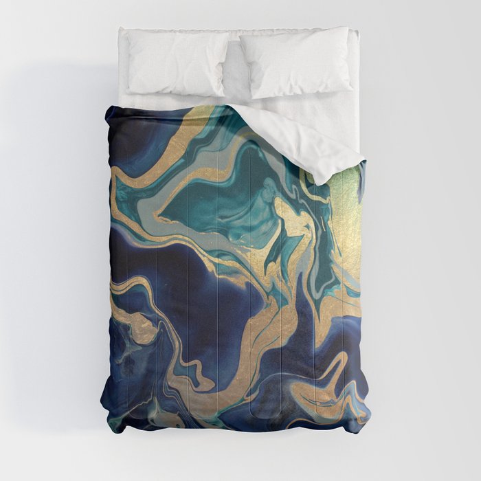 DRAMAQUEEN - GOLD INDIGO MARBLE Comforter by Monika Strigel | Society6