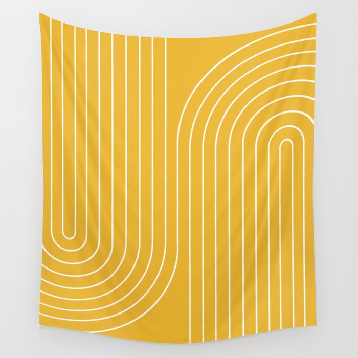 Minimal Line Curvature VIII Golden Yellow Mid Century Modern Arch Abstract Wall Tapestry