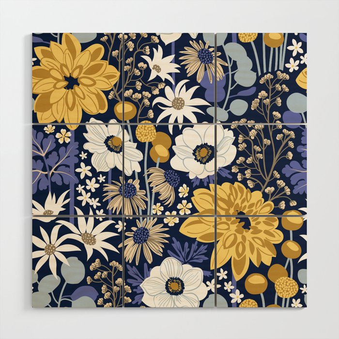 Boho garden // oxford navy blue background background very peri pastel blue yellow ivory and white flowers  Wood Wall Art