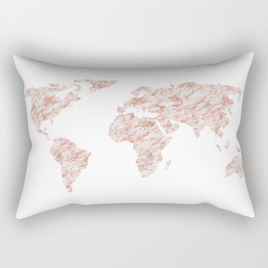 World Map Rose Gold Marble Rectangular Pillow