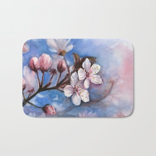 Cherry Blossoms Watercolor Spring Flowers Bath Mat