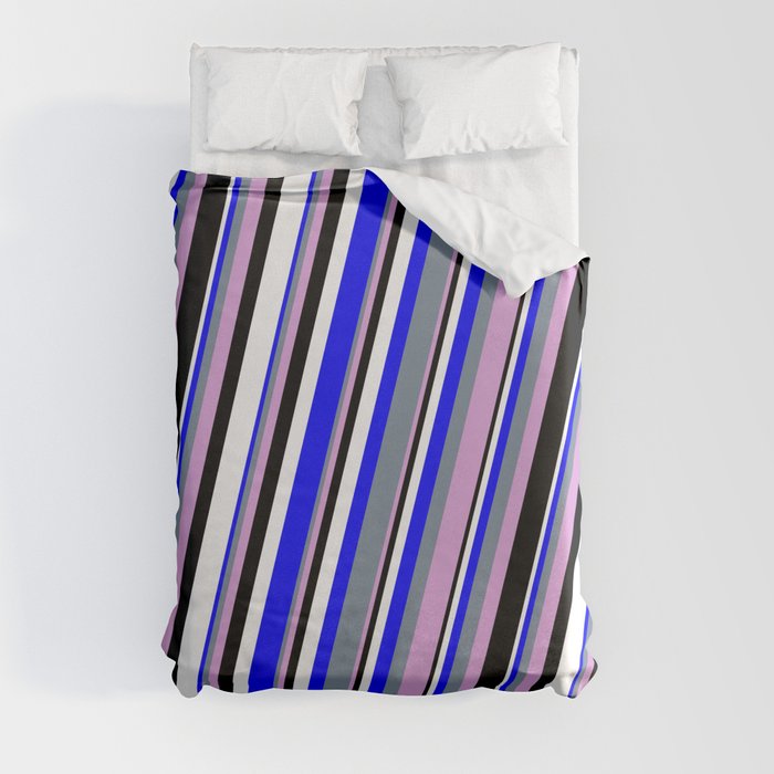 Blue, Light Slate Gray, Plum, Black & White Colored Stripes/Lines Pattern Duvet Cover