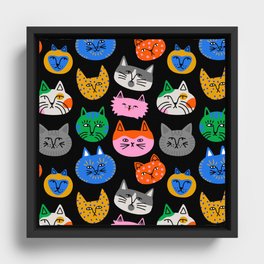Funny colorful cat cartoon pattern Framed Canvas