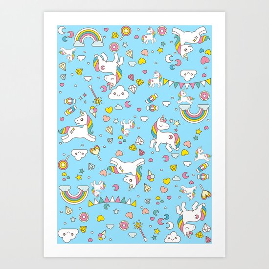 Unicorn Light Blue Pattern Art Print