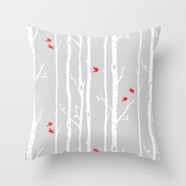 Birch tree forest with red birds on gray Throw Pillow