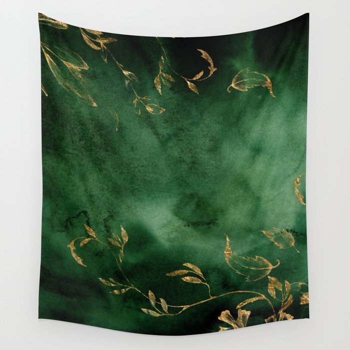 Winter Gold Flowers On Emerald Marble Texture Wall Tapestry