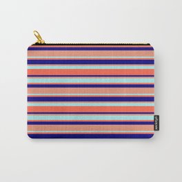 [ Thumbnail: Blue, Dark Salmon, Turquoise, and Red Colored Striped/Lined Pattern Carry-All Pouch ]