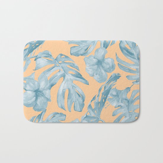 Island Sunrise Hibiscus Palm Orange Ocean Blue Bath Mat