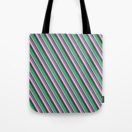 [ Thumbnail: Orchid, Light Pink, Dark Slate Gray, and Sea Green Colored Lines/Stripes Pattern Tote Bag ]