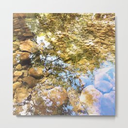 Reflection, lake, trees, pebbles, sparkle, shine, summer, river, aqua, water, spring, holiday, xmas, nature, adventure, rocks, sun, exotic, tropical, blue, turquoise, tan, tree Metal Print