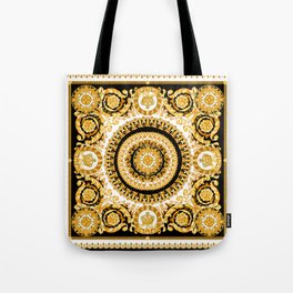 Vintage baroque illustration pattern, antique elements with golden frame on black background. Luxury victorian floral golden elements in a circle and greek lines. Tote Bag
