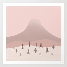 Abstraction minimalist landscape Xmas tree snow mountain Pink sunset Art Print