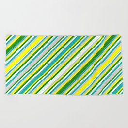 [ Thumbnail: Eyecatching Yellow, Forest Green, Mint Cream, Light Sea Green, and Light Grey Colored Lined Pattern Beach Towel ]