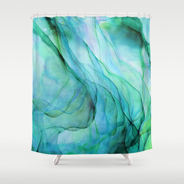 Sea Green Flowing Waves Abstract Ink Painting Shower Curtain