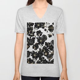 Modern Elegant Black White and Gold Floral Pattern V Neck T Shirt