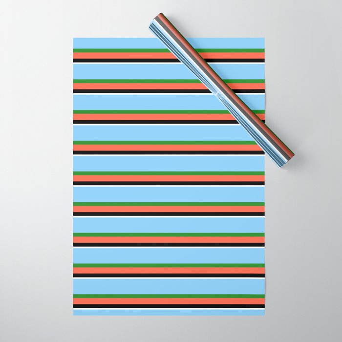 Light Sky Blue, Forest Green, Red, Black, and White Colored Striped/Lined Pattern Wrapping Paper