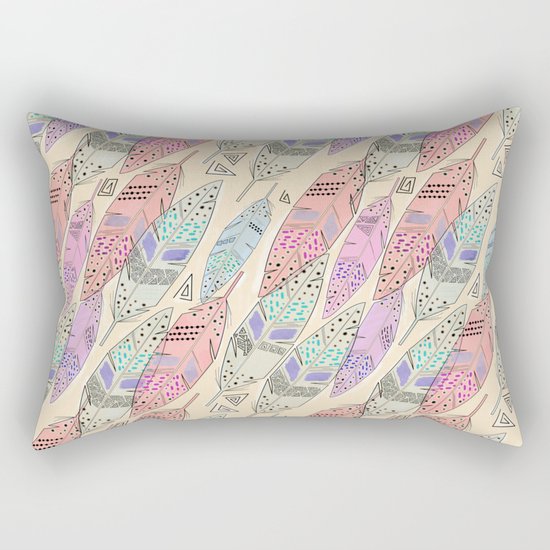 The feathers are multicolored on a beige background . Rectangular Pillow