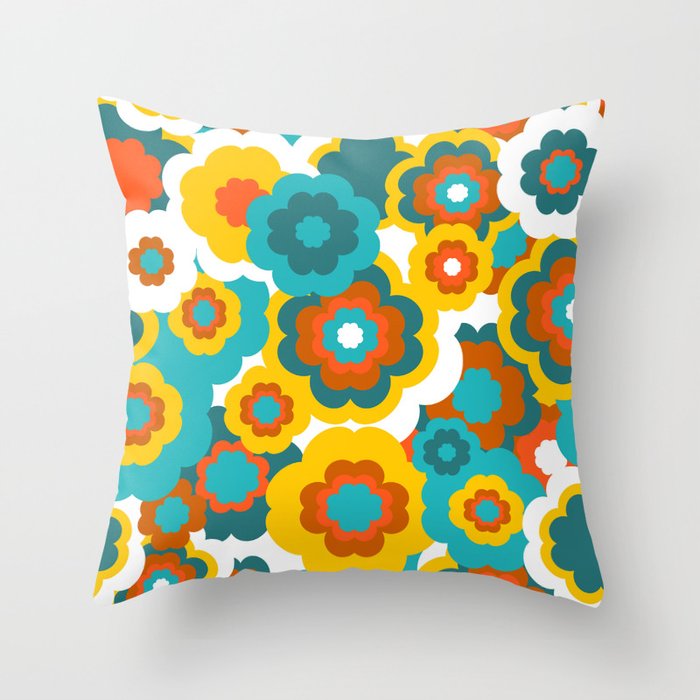 Retro 70s Bold Large Scale Flowers with Teal Orange and Yellow