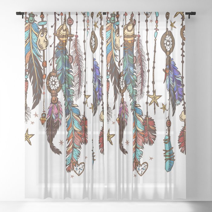 Feathers and crystals in aztec style Sheer Curtain