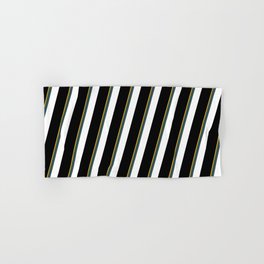 [ Thumbnail: Goldenrod, Dark Slate Gray, White, and Black Colored Striped Pattern Hand & Bath Towel ]