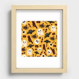 Colourful Orange Halloween Seamless Pattern with Cute Spider, Crow and Ghost Characters Recessed Framed Print