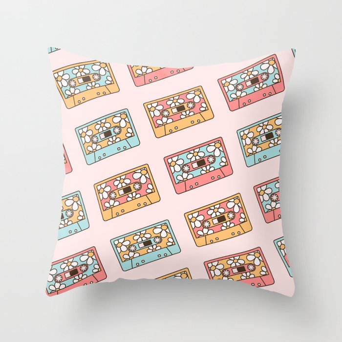 Retro Music Tapes, Audio Cassette and Daisy Throw Pillow