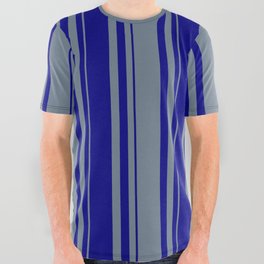 [ Thumbnail: Slate Gray and Blue Colored Lined Pattern All Over Graphic Tee ]