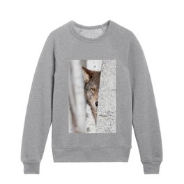Hiding Timber Wolf Behind Birch Tree In The Forest Animal / Wildlife / Nature Photograph  Kids Crewneck