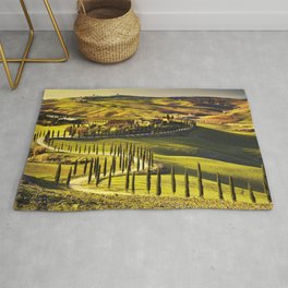 Tuscany, Crete Senesi rolling hills landscape at sunset Rug | Hills, Cypress, Italy, Panorama, Rollinghills, Trees, Digital, Landscape, Countryside, Road 