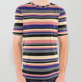 [ Thumbnail: Vibrant Beige, Light Coral, Midnight Blue, Dim Gray, and Black Colored Pattern of Stripes All Over Graphic Tee ]