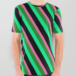 [ Thumbnail: Hot Pink, Forest Green, Green & Black Colored Striped Pattern All Over Graphic Tee ]