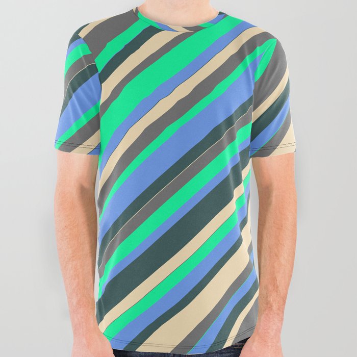 Vibrant Tan, Dim Gray, Green, Cornflower Blue, and Dark Slate Gray Colored Lines/Stripes Pattern All Over Graphic Tee