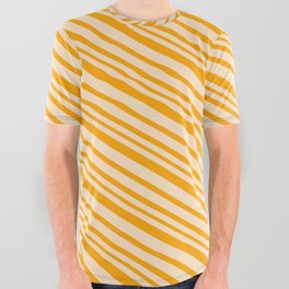 [ Thumbnail: Bisque and Orange Colored Lines/Stripes Pattern All Over Graphic Tee ]