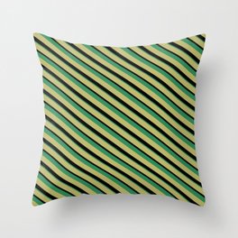 [ Thumbnail: Dark Khaki, Black & Sea Green Colored Lines Pattern Throw Pillow ]