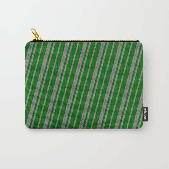 Gray and Dark Green Colored Lined Pattern Carry-All Pouch