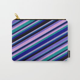 [ Thumbnail: Vibrant Slate Blue, Plum, Dark Cyan, Dark Blue & Black Colored Lines/Stripes Pattern Carry-All Pouch ]