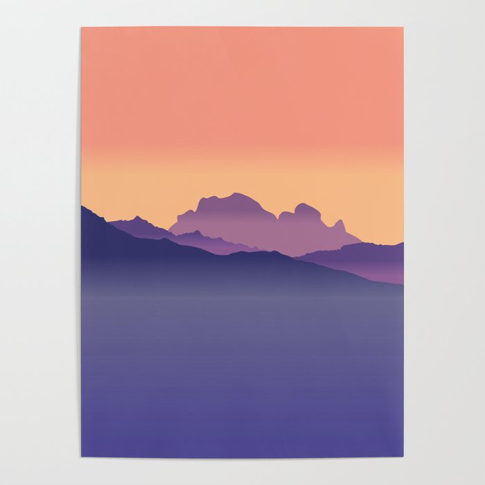 Misty Mountains Orange Sunset  Poster