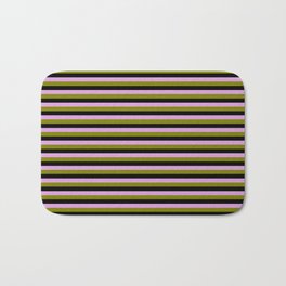 [ Thumbnail: Plum, Green & Black Colored Striped Pattern Bath Mat ]